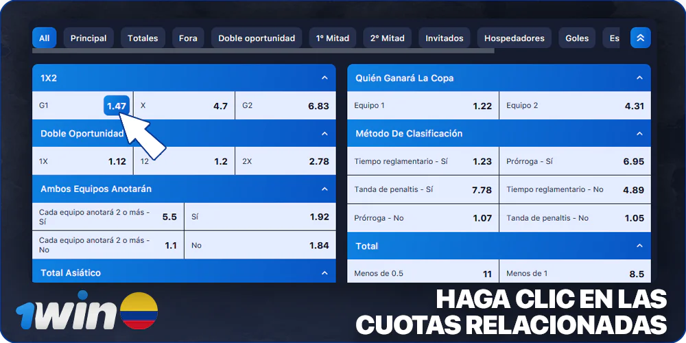 haga clic en las probabilidades del evento correspondiente en 1Win